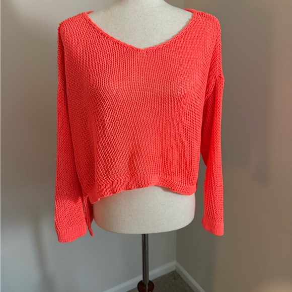 Guess Neon Coral V-Neck Knit Sweater - Picture 2 of 5